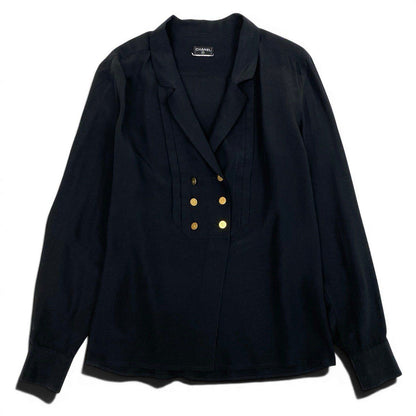 Chanel Vintage Long Sleeve Silk Shirt CC Logo Gold Button Black — view 2
