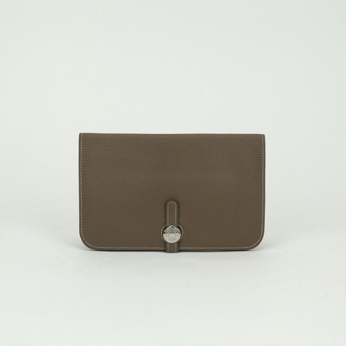 Hermes Dogon GM Duo Wallet Taurillon Clemence Etoupe Gray Silver