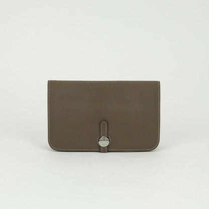 Hermes Dogon GM Duo Wallet Taurillon Clemence Etoupe Gray Silver