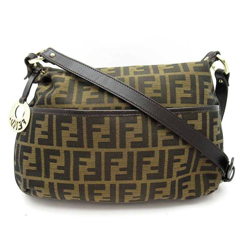 Fendi Zucca Shoulder Bag Canvas Leather Brown Black