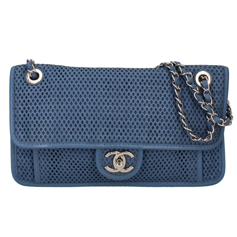 Chanel French Riviera Chain Shoulder Bag Perforated Leather Blue