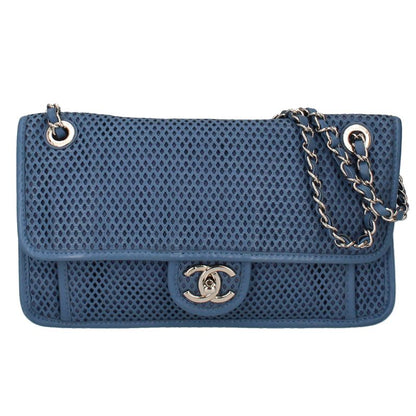 Chanel French Riviera Chain Shoulder Bag Perforated Leather Blue