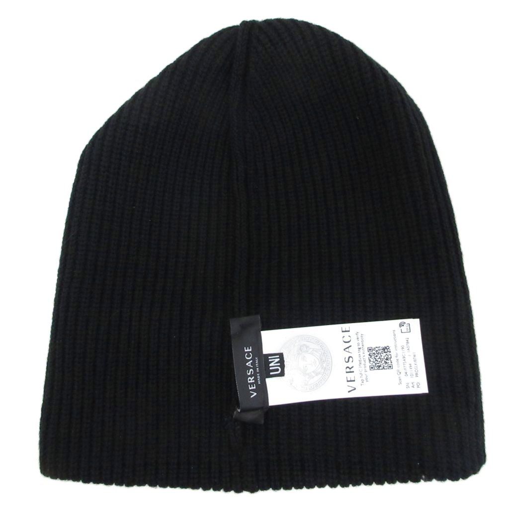 Versace Tagged Macro Logo Virgin Wool Knit Hat Beanie Black White — view 5
