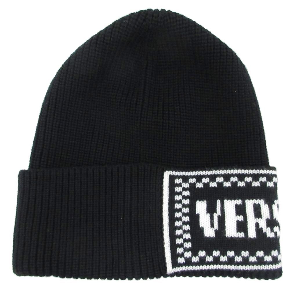 Versace Tagged Macro Logo Virgin Wool Knit Hat Beanie Black White — view 4