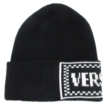 Versace Tagged Macro Logo Virgin Wool Knit Hat Beanie Black White — view 4