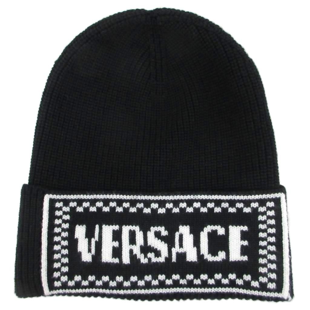 Versace Tagged Macro Logo Virgin Wool Knit Hat Beanie Black White