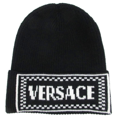 Versace Tagged Macro Logo Virgin Wool Knit Hat Beanie Black White