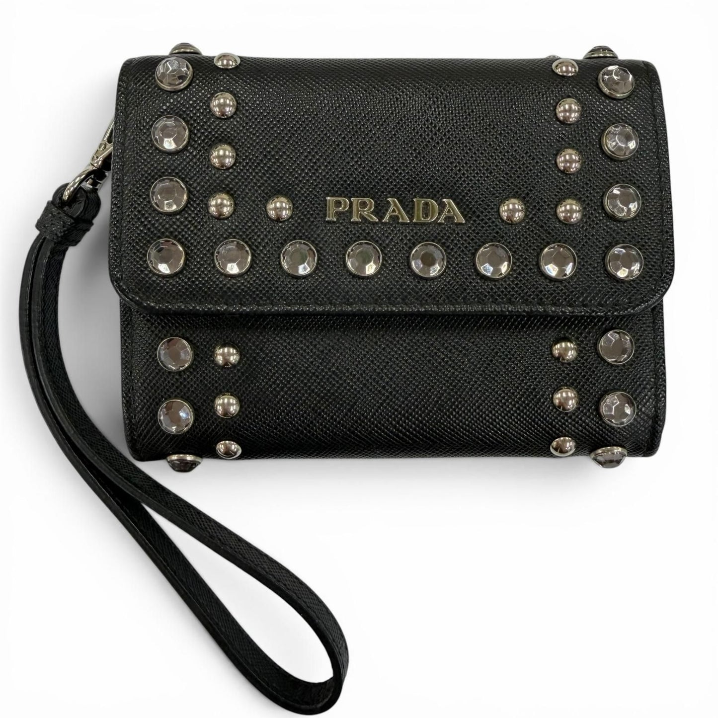 Prada Strap Logo Bijou Studded Leather Card Case Black