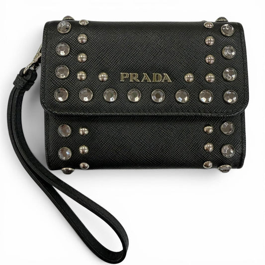 Prada Strap Logo Bijou Studded Leather Card Case Black