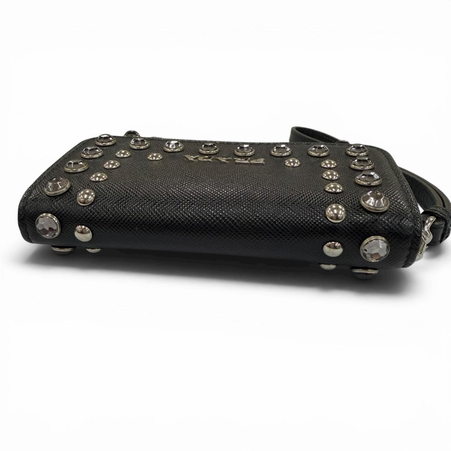 Prada Strap Logo Bijou Studded Leather Card Case Black — view 5