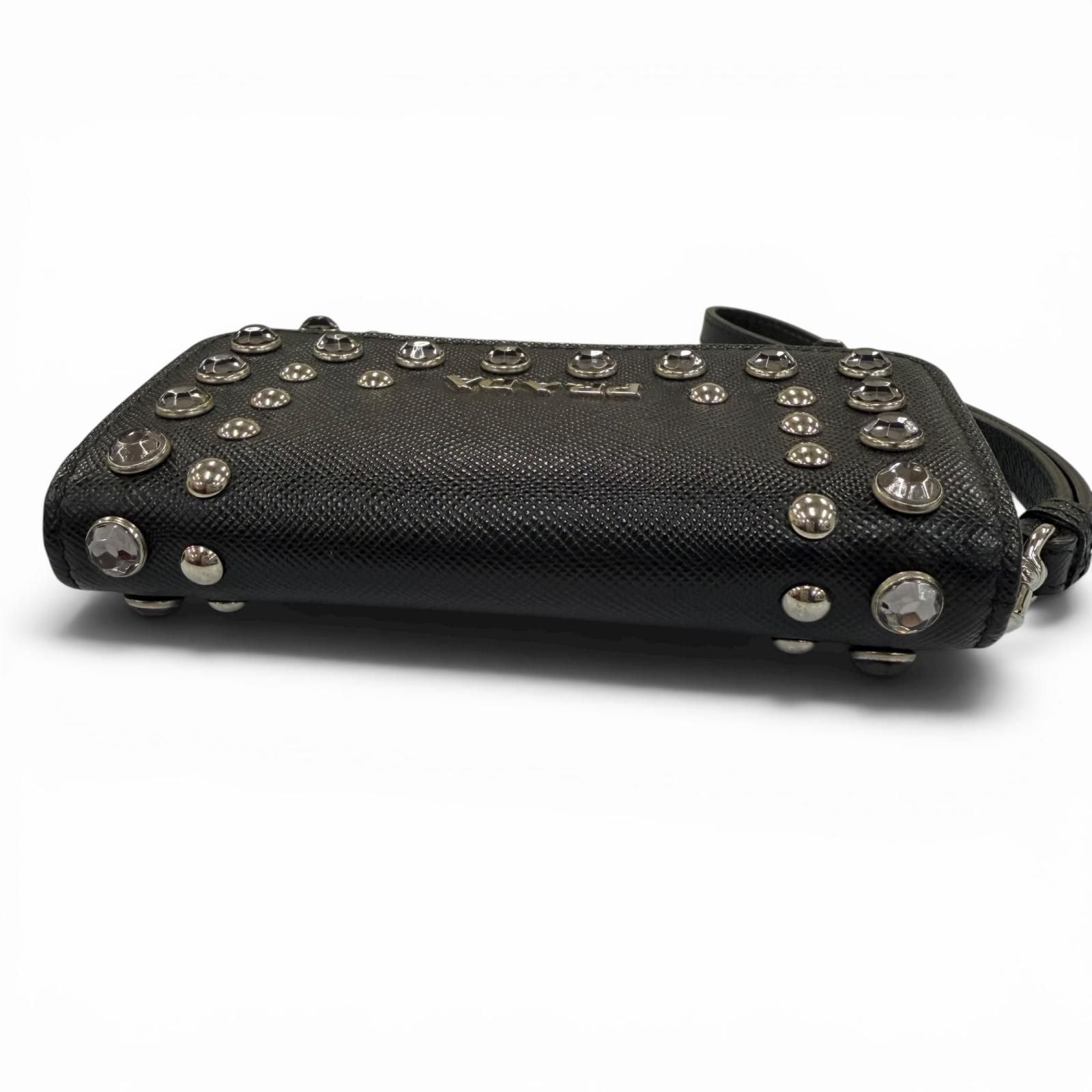 Prada Strap Logo Bijou Studded Leather Card Case Black — view 5