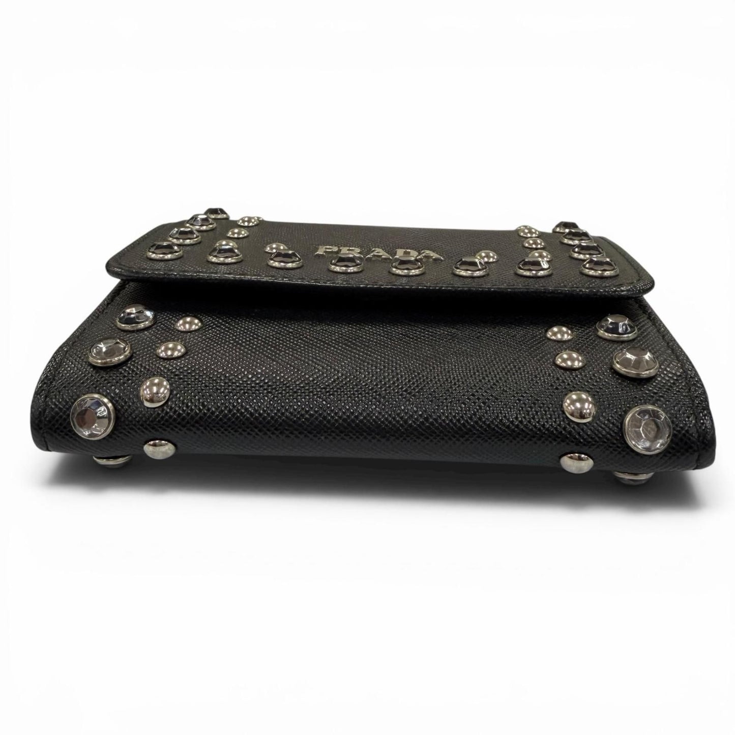 Prada Strap Logo Bijou Studded Leather Card Case Black — view 4