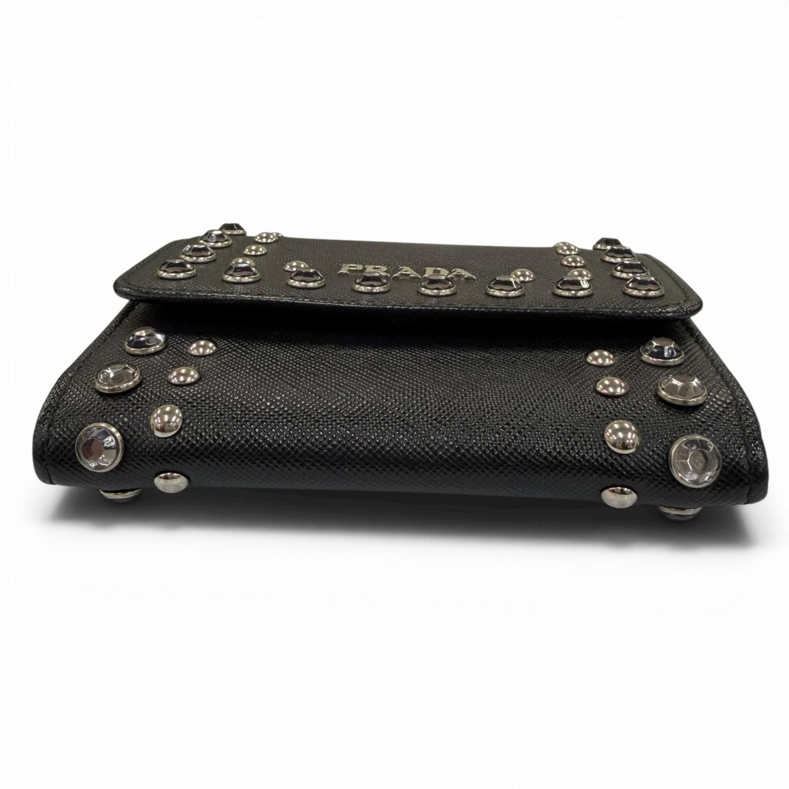Prada Strap Logo Bijou Studded Leather Card Case Black — view 4