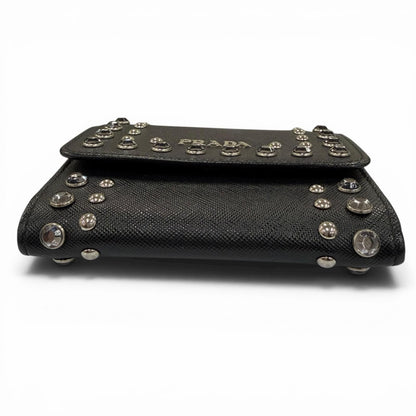 Prada Strap Logo Bijou Studded Leather Card Case Black — view 4