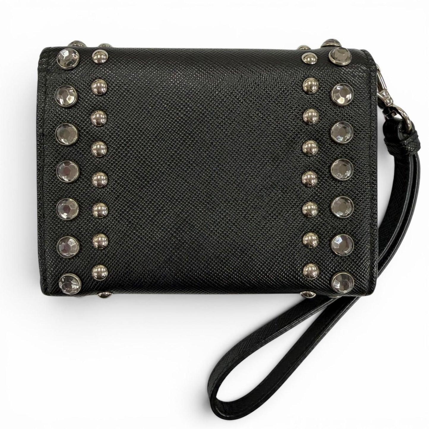 Prada Strap Logo Bijou Studded Leather Card Case Black — view 3