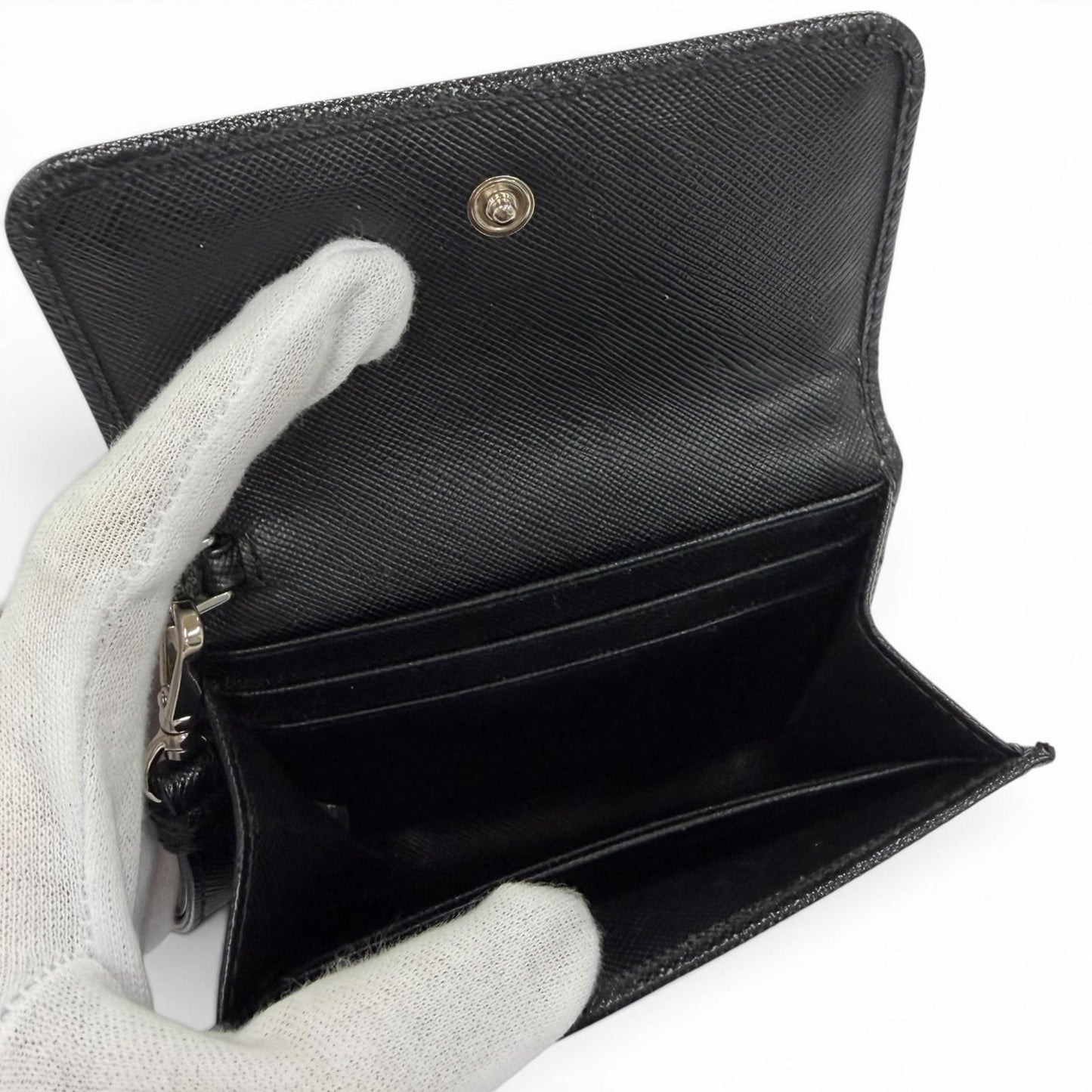 Prada Strap Logo Bijou Studded Leather Card Case Black — view 6