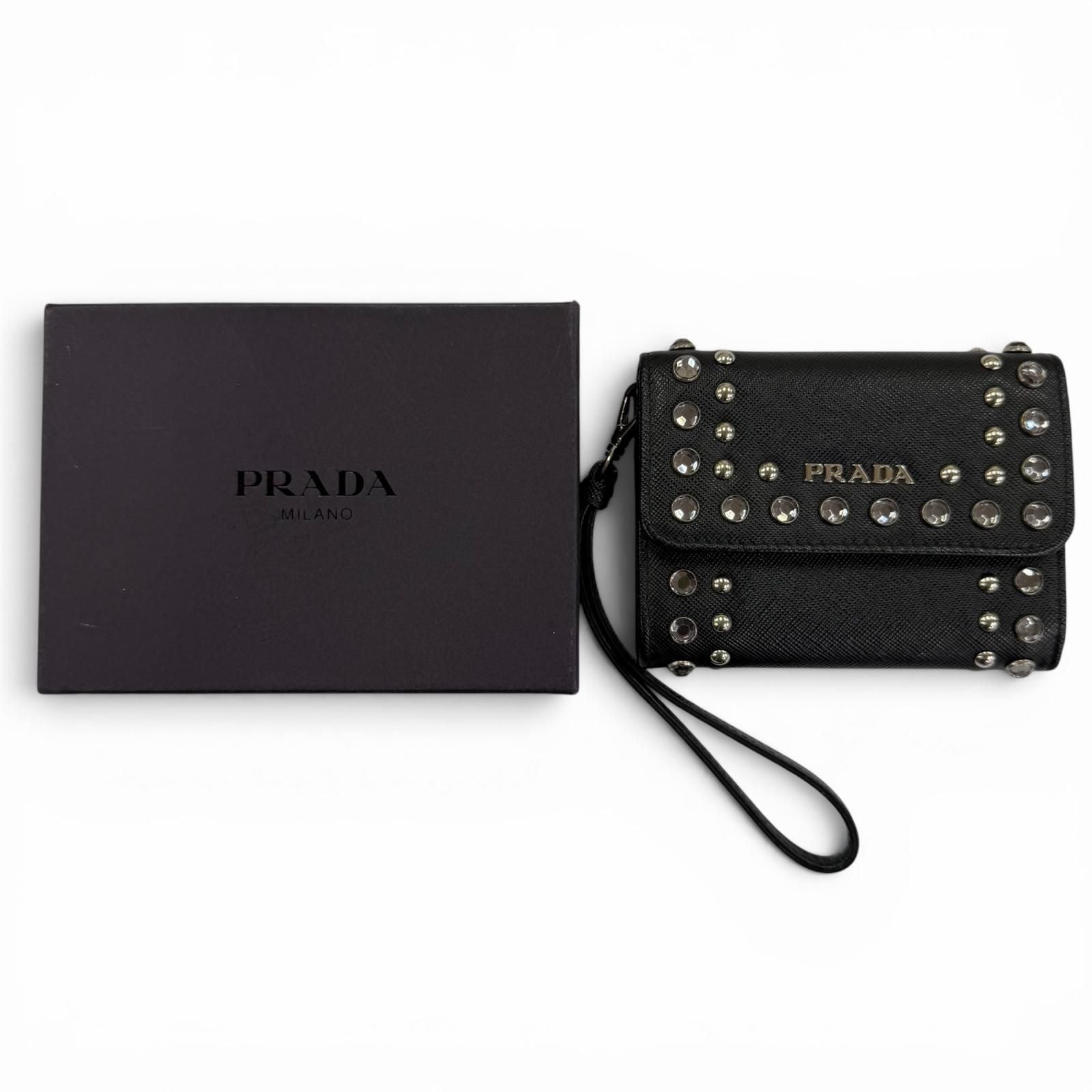 Prada Strap Logo Bijou Studded Leather Card Case Black — view 2