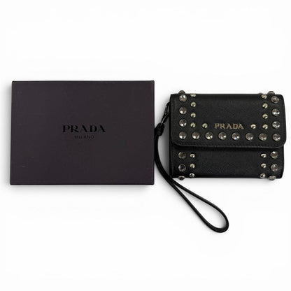 Prada Strap Logo Bijou Studded Leather Card Case Black — view 2