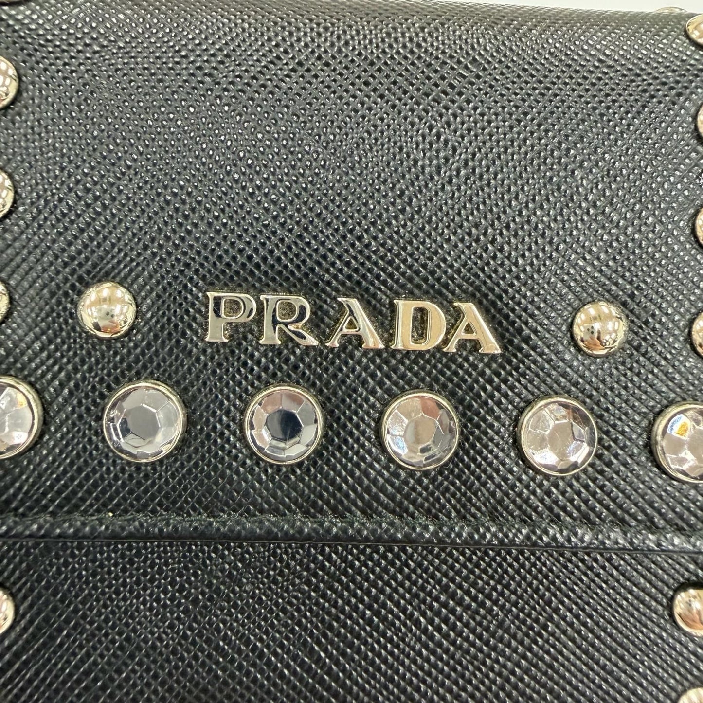 Prada Strap Logo Bijou Studded Leather Card Case Black — view 7