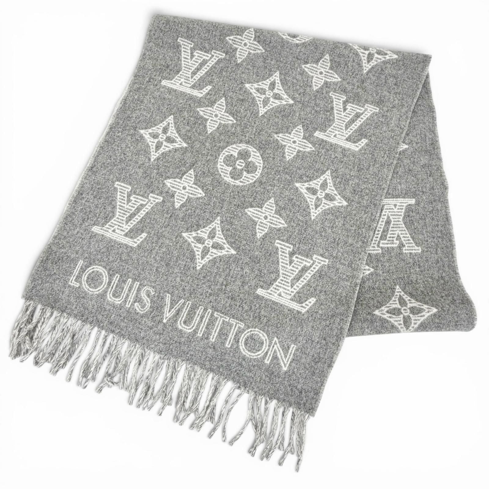 Louis Vuitton Scarf Monogram Shadow Wool Cashmere Large Shawl Gray