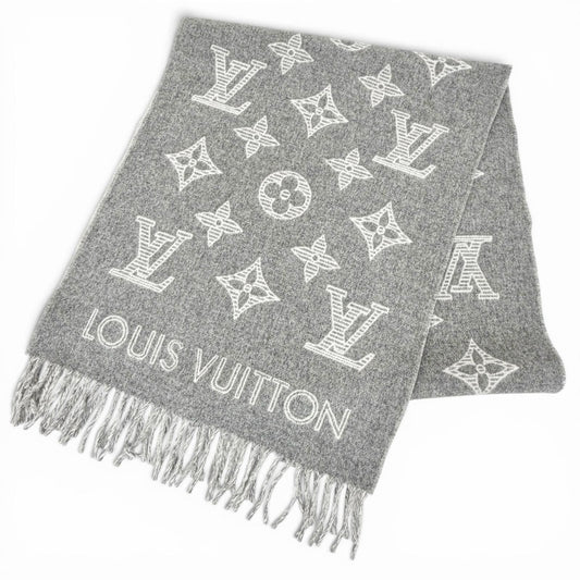 Louis Vuitton Scarf Monogram Shadow Wool Cashmere Large Shawl Gray