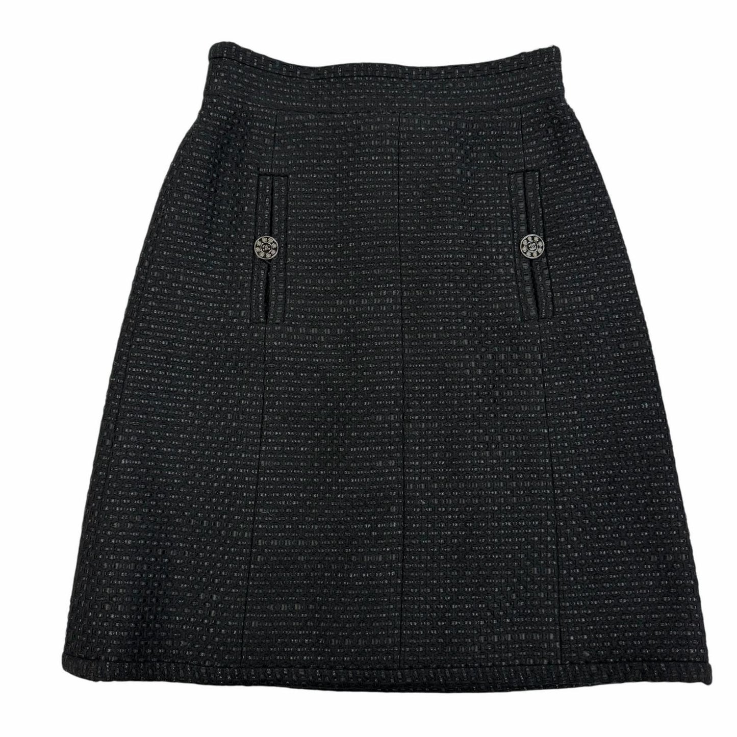 Chanel Cotton Coco Button Tweed Knee Length Skirt Black 38