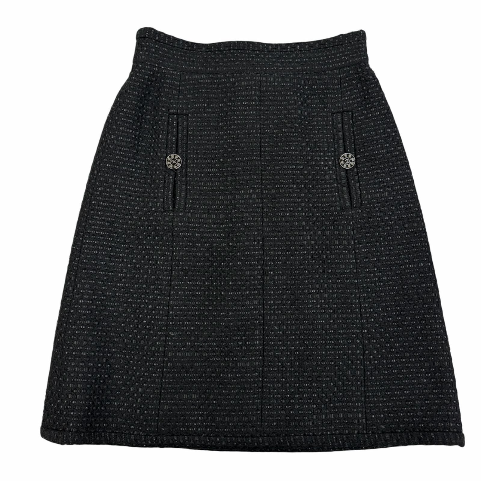 Chanel Cotton Coco Button Tweed Knee Length Skirt Black 38