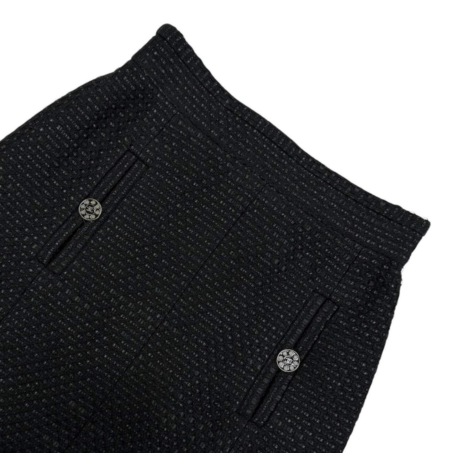 Chanel Cotton Coco Button Tweed Knee Length Skirt Black 38 — view 3