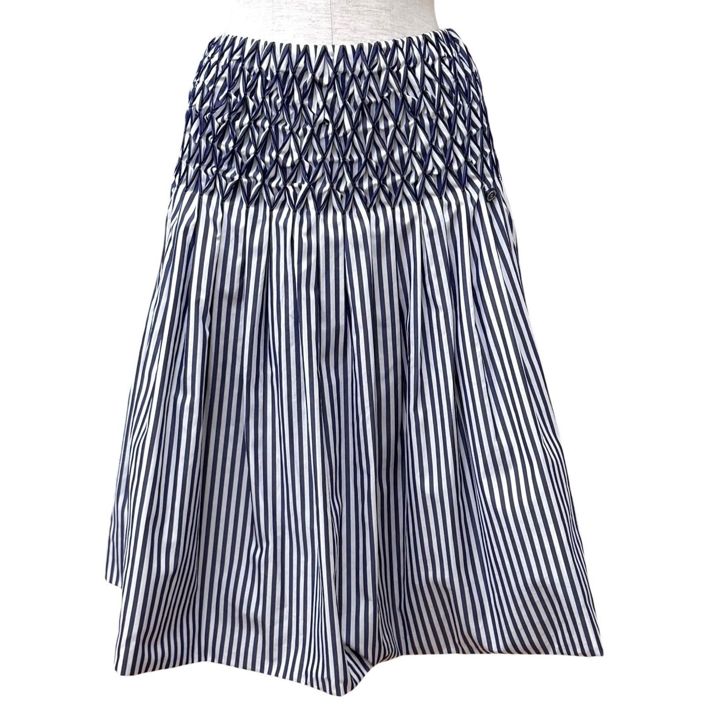 Chanel Cotton 100% CC Logo Plate Smocking Gathered Stripe Skirt Navy White 36