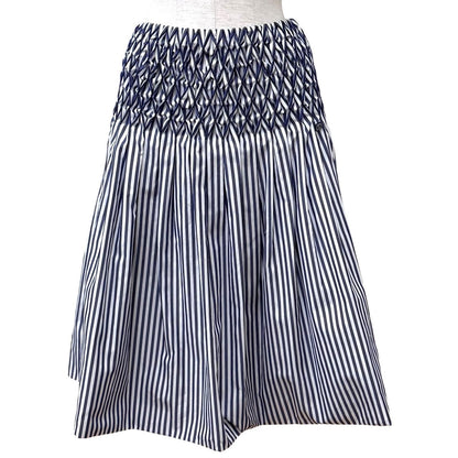 Chanel Cotton 100% CC Logo Plate Smocking Gathered Stripe Skirt Navy White 36
