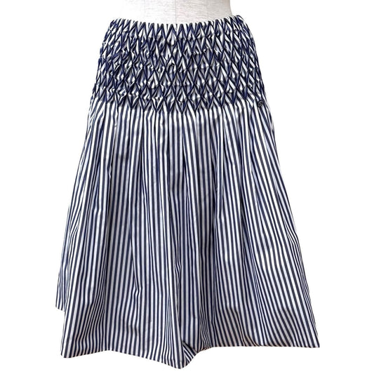 Chanel Cotton 100% CC Logo Plate Smocking Gathered Stripe Skirt Navy White 36