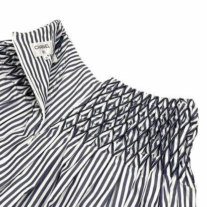 Chanel Cotton 100% CC Logo Plate Smocking Gathered Stripe Skirt Navy White 36 — view 5