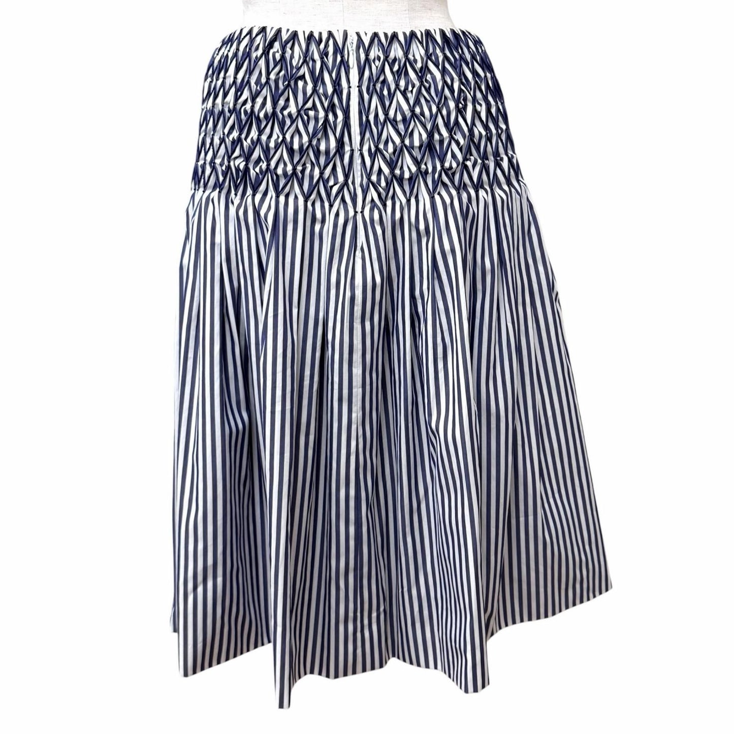 Chanel Cotton 100% CC Logo Plate Smocking Gathered Stripe Skirt Navy White 36 — view 4