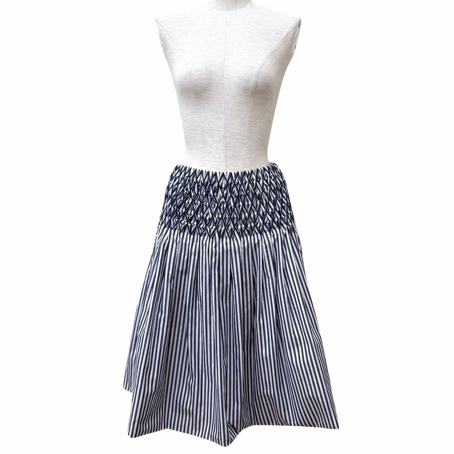 Chanel Cotton 100% CC Logo Plate Smocking Gathered Stripe Skirt Navy White 36 — view 2