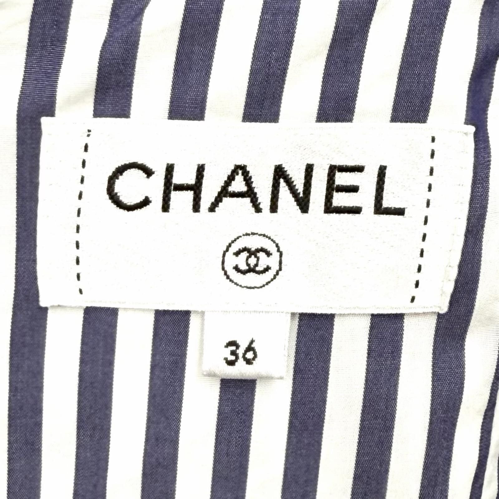 Chanel Cotton 100% CC Logo Plate Smocking Gathered Stripe Skirt Navy White 36 — view 7
