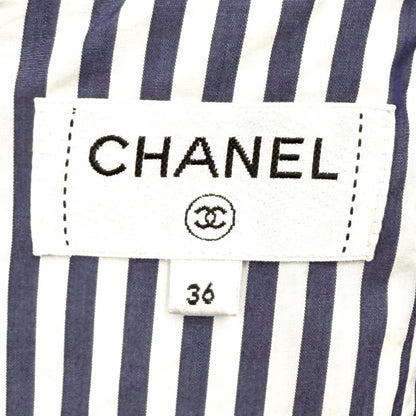 Chanel Cotton 100% CC Logo Plate Smocking Gathered Stripe Skirt Navy White 36 — view 7