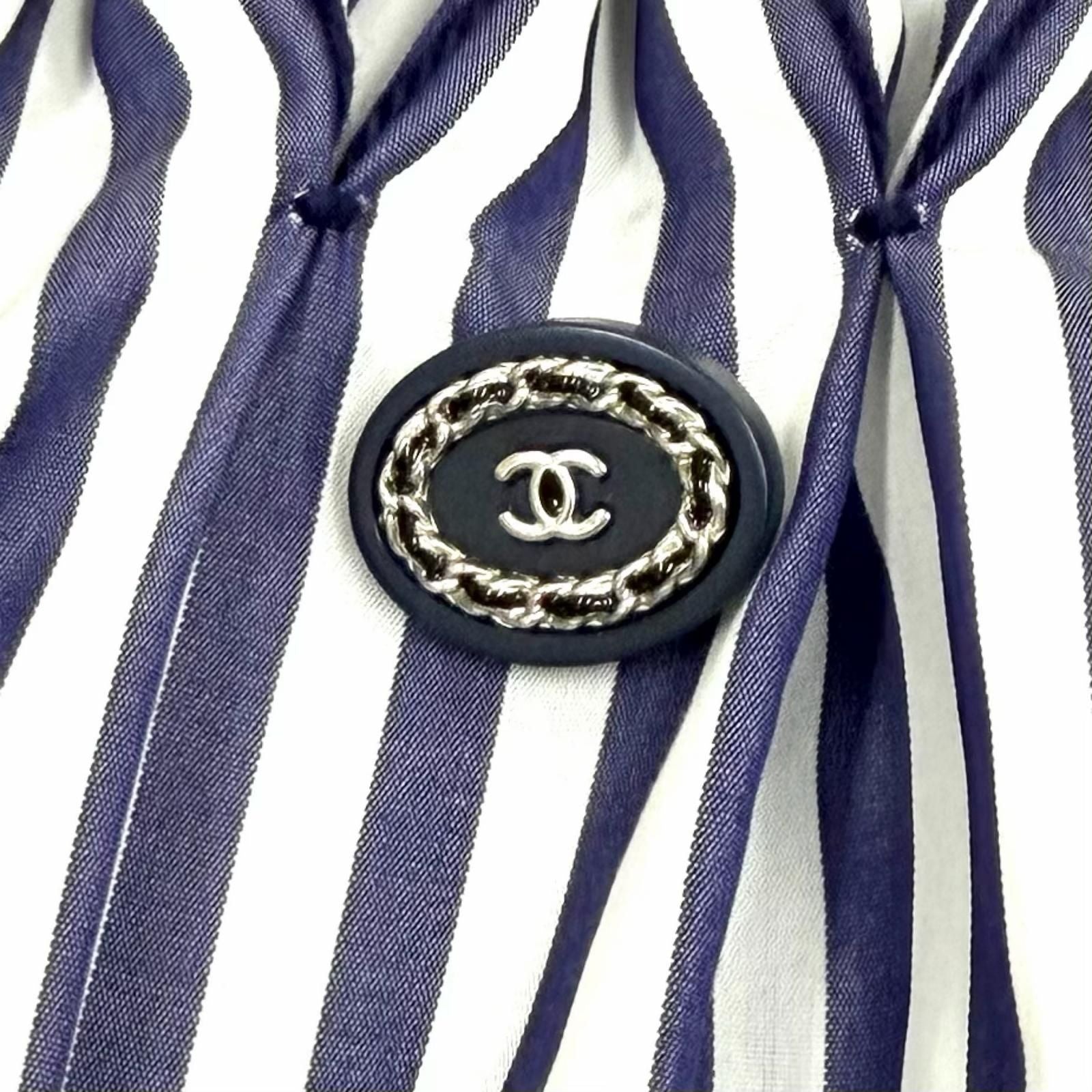 Chanel Cotton 100% CC Logo Plate Smocking Gathered Stripe Skirt Navy White 36 — view 6