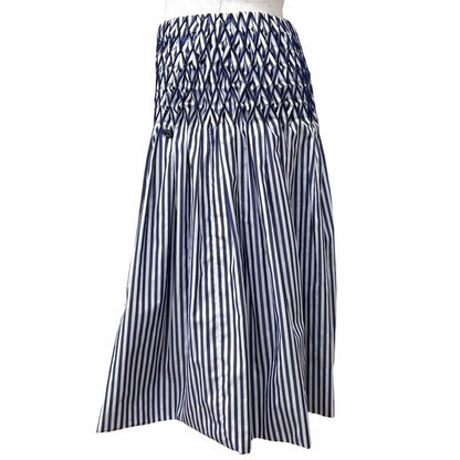 Chanel Cotton 100% CC Logo Plate Smocking Gathered Stripe Skirt Navy White 36 — view 3
