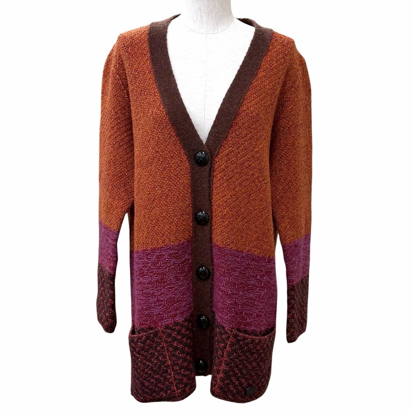 Louis Vuitton Silk Cashmere Blend Logo Plate Neck Long Cardigan Multi