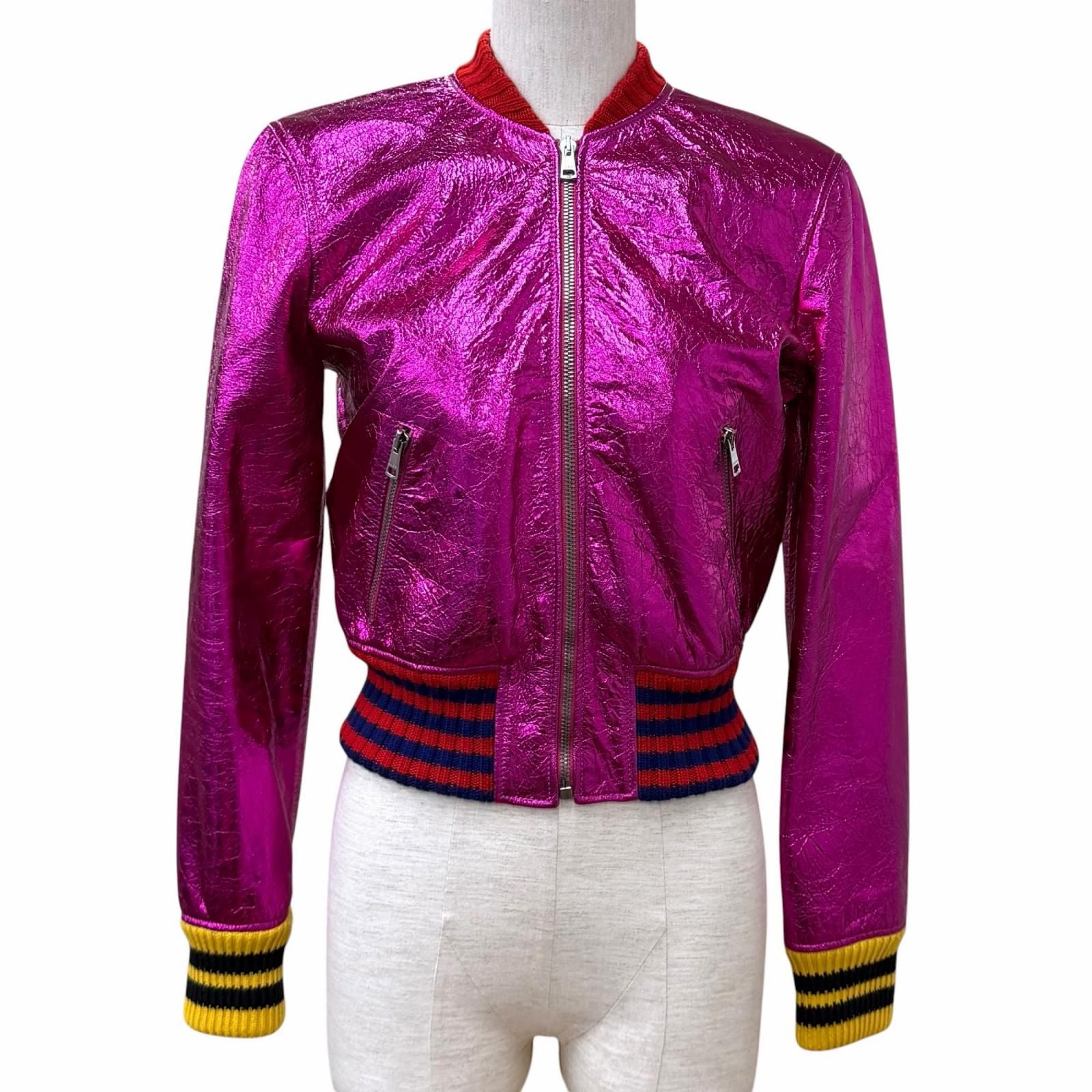 Gucci Logo Zip Metallic Lambskin Bomber Jacket Pink 36 Hanger