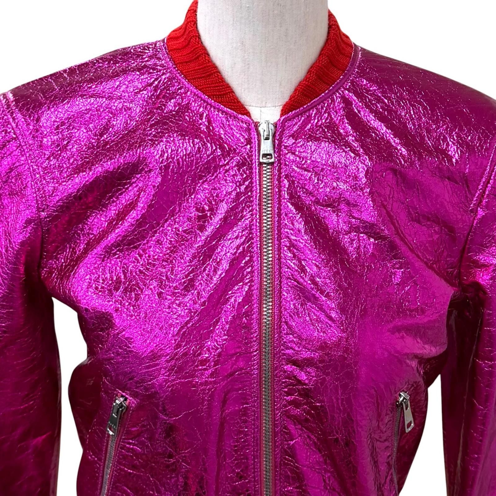 Gucci Logo Zip Metallic Lambskin Bomber Jacket Pink 36 Hanger — view 4