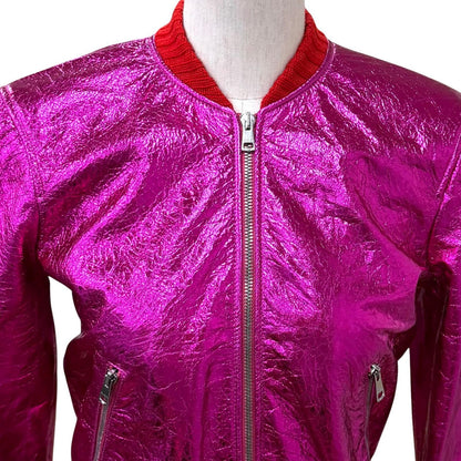 Gucci Logo Zip Metallic Lambskin Bomber Jacket Pink 36 Hanger — view 4
