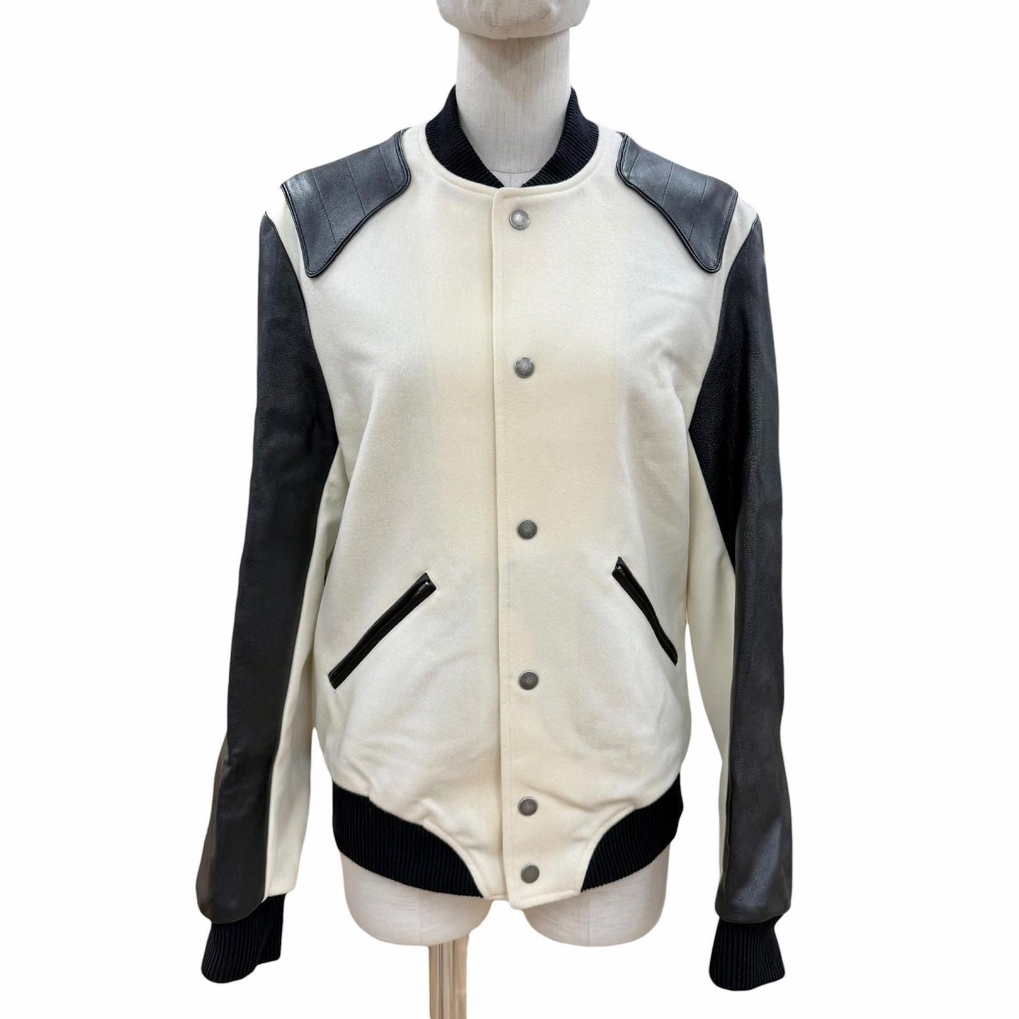 Saint Laurent Paris Wool Lambskin Back Heaven Varsity Jacket White Black 38