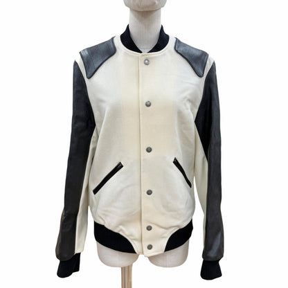 Saint Laurent Paris Wool Lambskin Back Heaven Varsity Jacket White Black 38