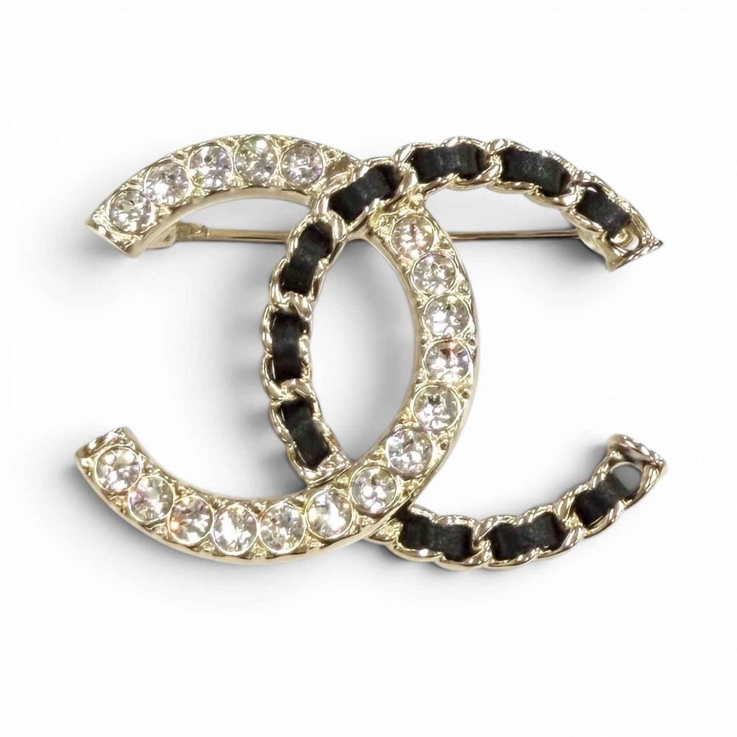 Chanel CC Logo Rhinestone Leather Chain Brooch Gold Black