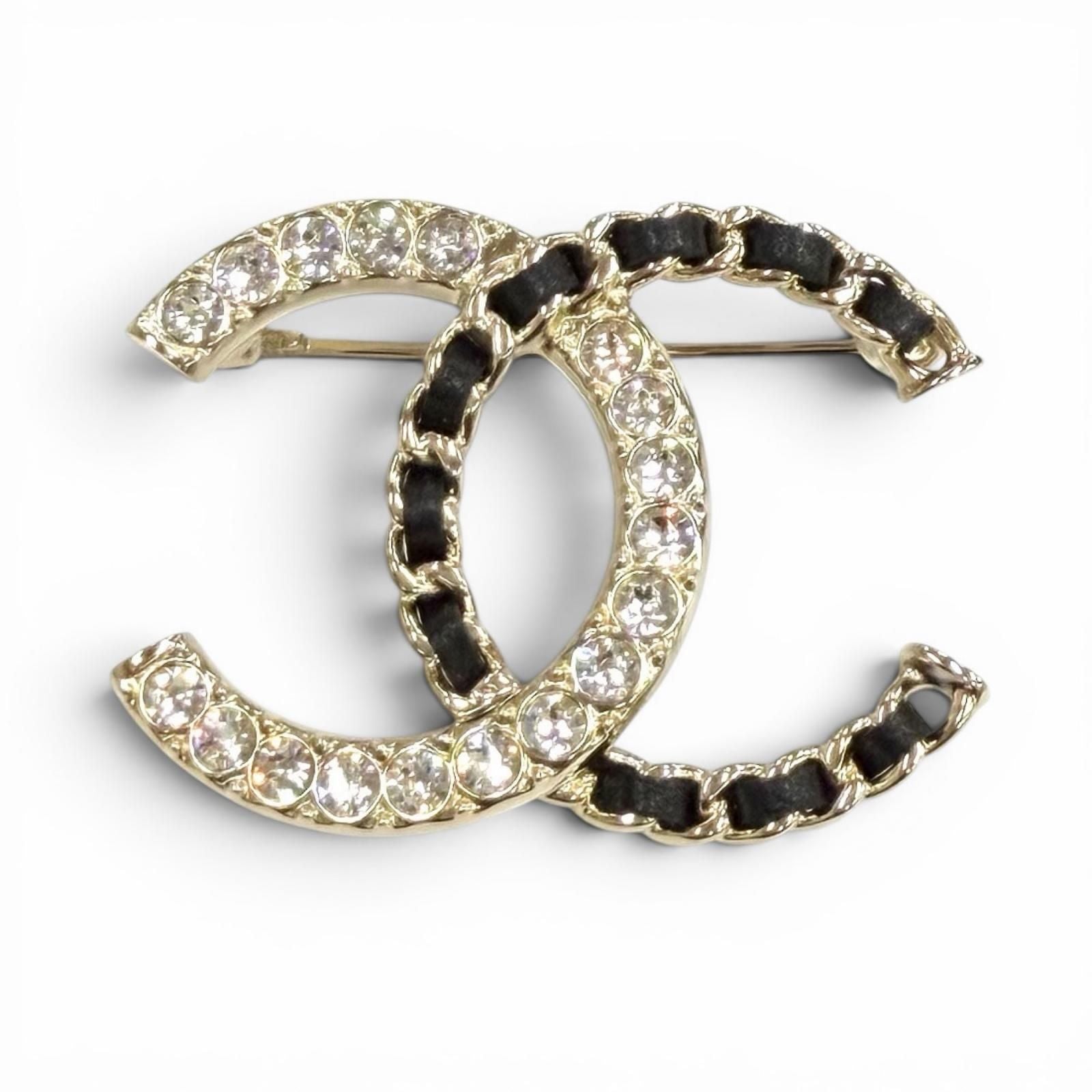 Chanel CC Logo Rhinestone Leather Chain Brooch Gold Black