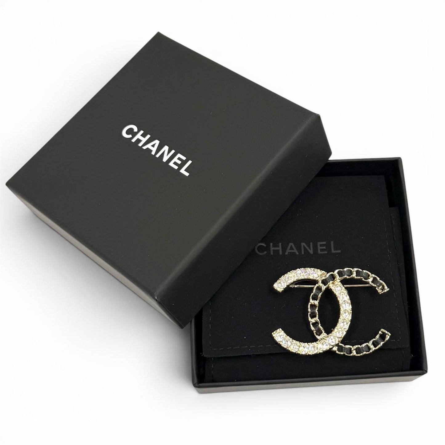 Chanel CC Logo Rhinestone Leather Chain Brooch Gold Black — view 2