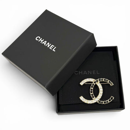 Chanel CC Logo Rhinestone Leather Chain Brooch Gold Black — view 2