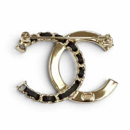 Chanel CC Logo Rhinestone Leather Chain Brooch Gold Black — view 3