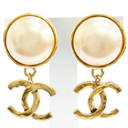 Chanel Vintage CC Logo Faux Pearl Swing Earrings Gold